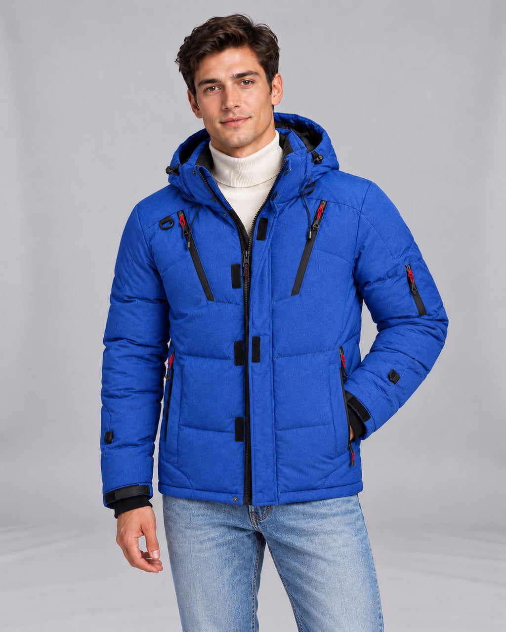 Mountain East Hooded Down Puffer Jacket in Blue — front view, styled with a high-neck knit and denim jeans on Male Model B