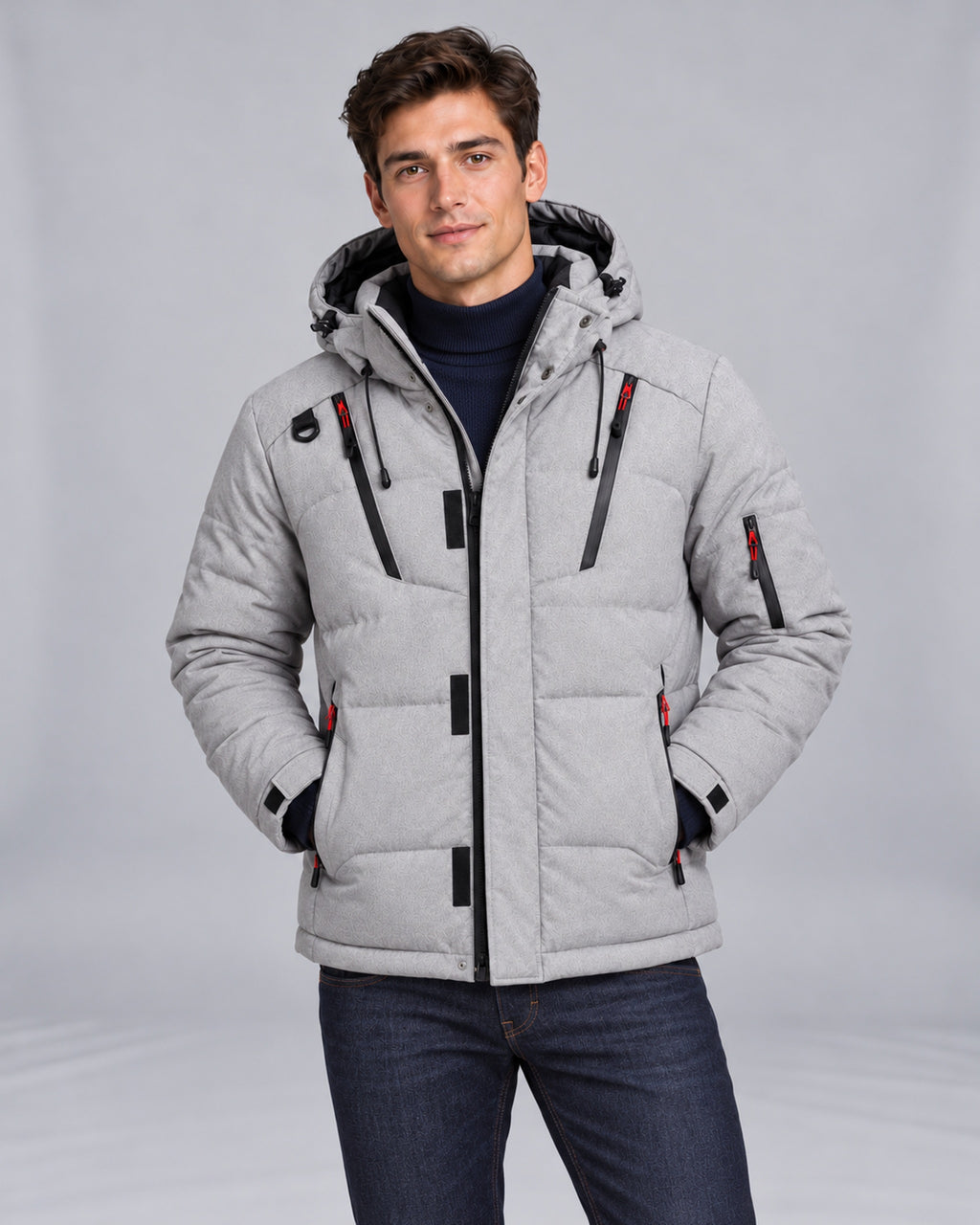 Mountain East Hooded Down Puffer Jacket in Gray — front view, styled with a high-neck knit and denim jeans on Male Model B