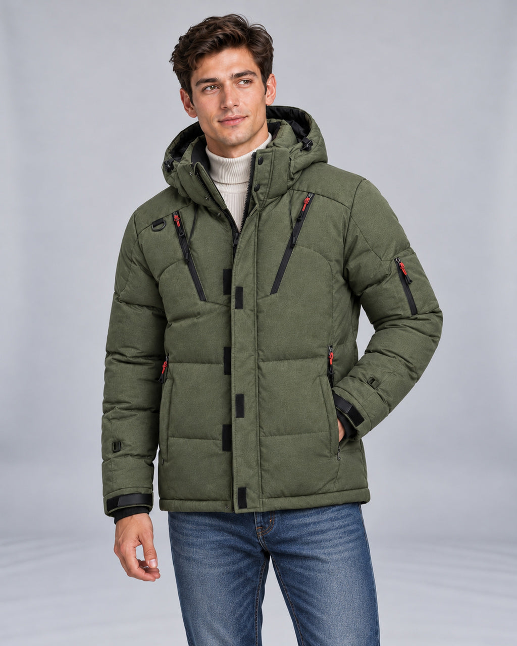 Mountain East Hooded Down Puffer Jacket in Navy Green — front view, styled with a high-neck knit and denim jeans on Male Model B