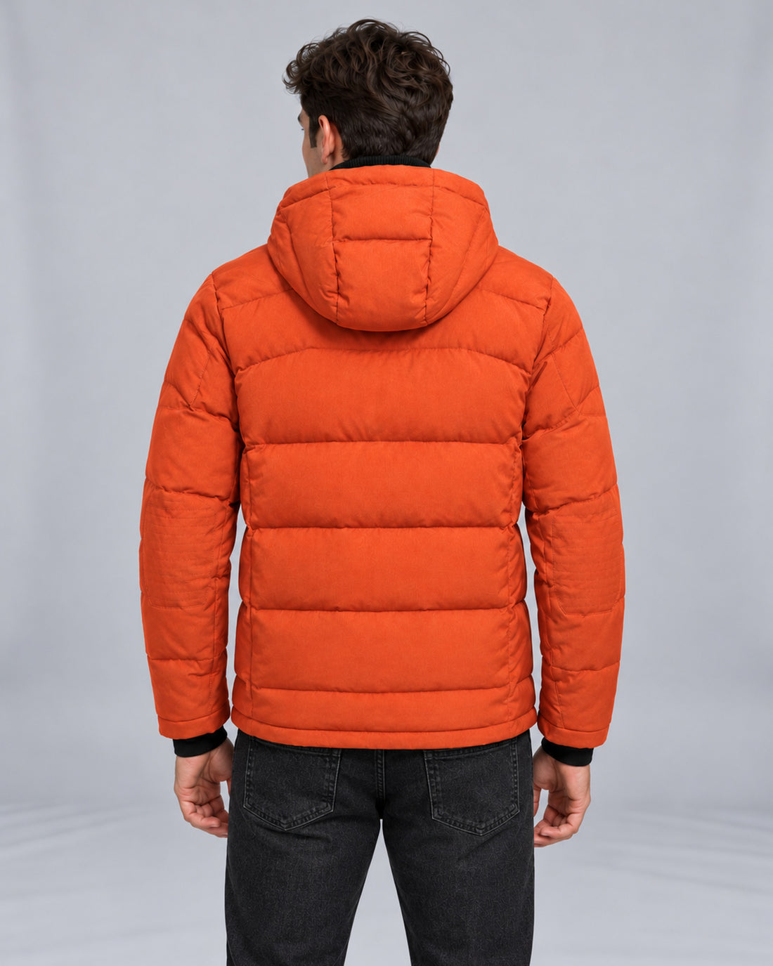 Mountain East Hooded Down Puffer Jacket in Orange — back view, styled on Male Model B