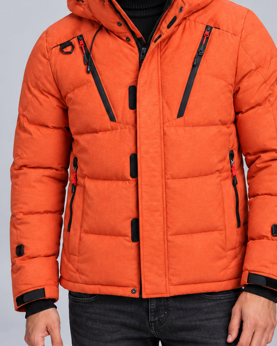 Mountain East Hooded Down Puffer Jacket in Orange — detail view, styled on Male Model B