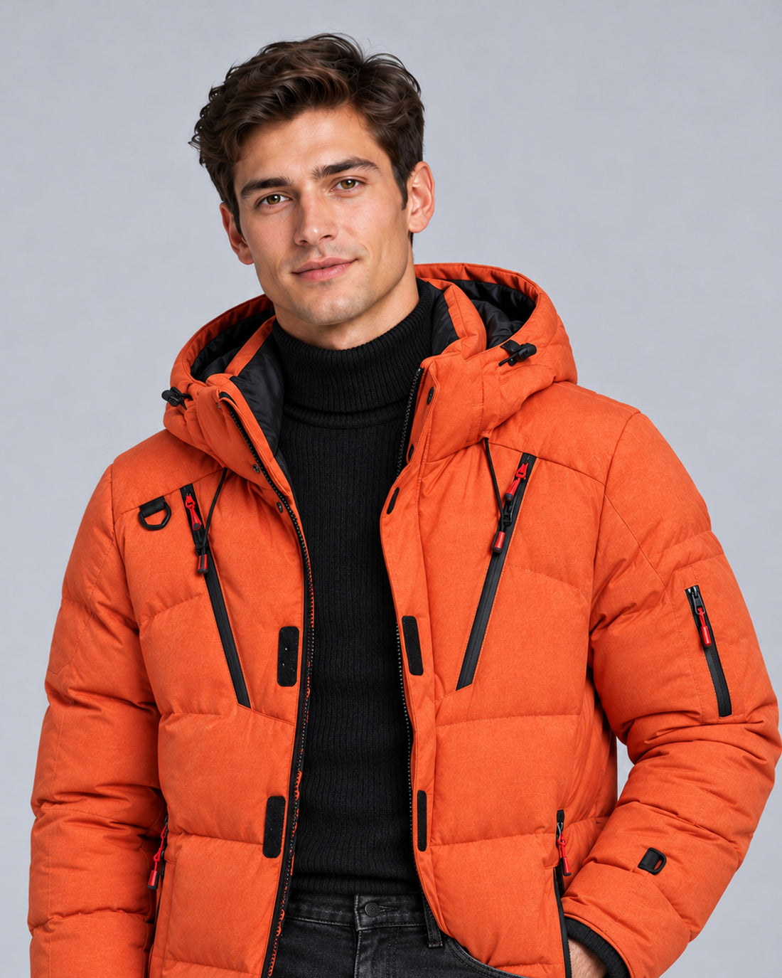 Mountain East Hooded Down Puffer Jacket in Orange — open view, styled on Male Model B