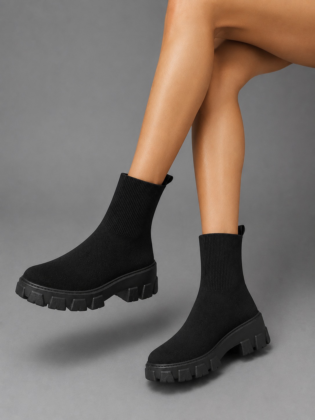 Woman wearing black stretch sock boots with chunky lug sole and ribbed knit cuff, displayed on gray background