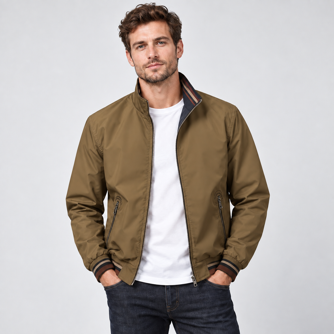 Man wearing tan reversible zip-up bomber jacket with striped ribbed collar over white t-shirt and dark jeans