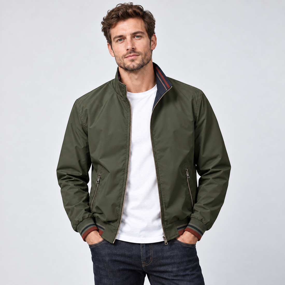 Man wearing olive green reversible zip-up bomber jacket with white t-shirt and dark jeans