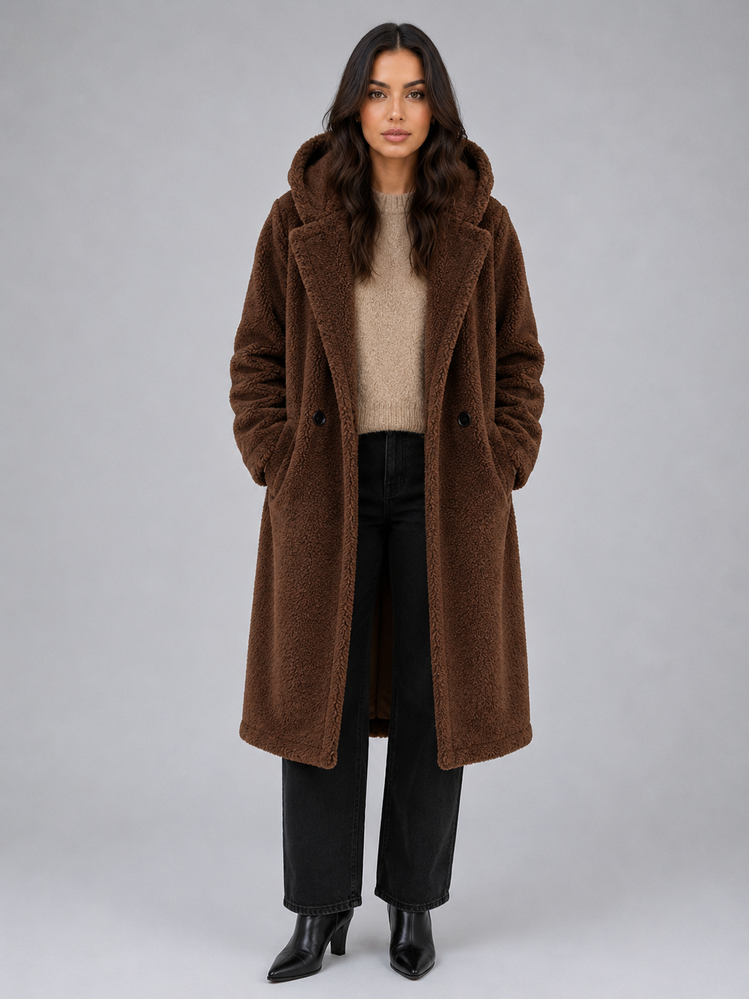 Woman wearing brown oversized hooded teddy coat over beige sweater and black jeans with black boots