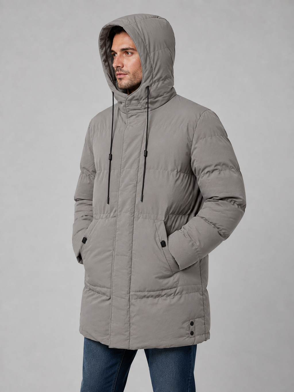 Man wearing gray longline hooded padded winter parka jacket with hands in pockets over blue jeans