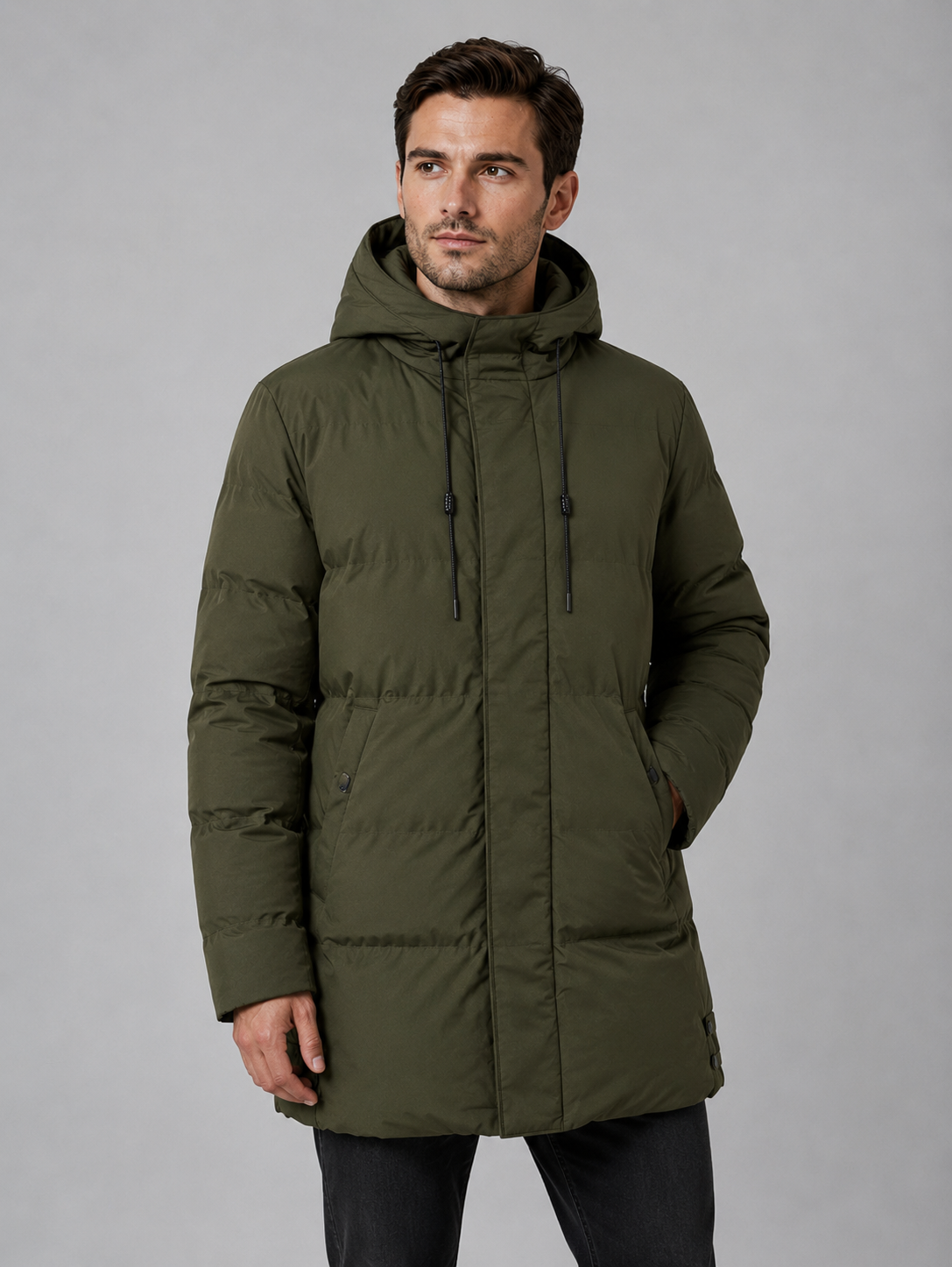 Man wearing olive green longline hooded padded winter parka jacket with drawstring hood and front pockets