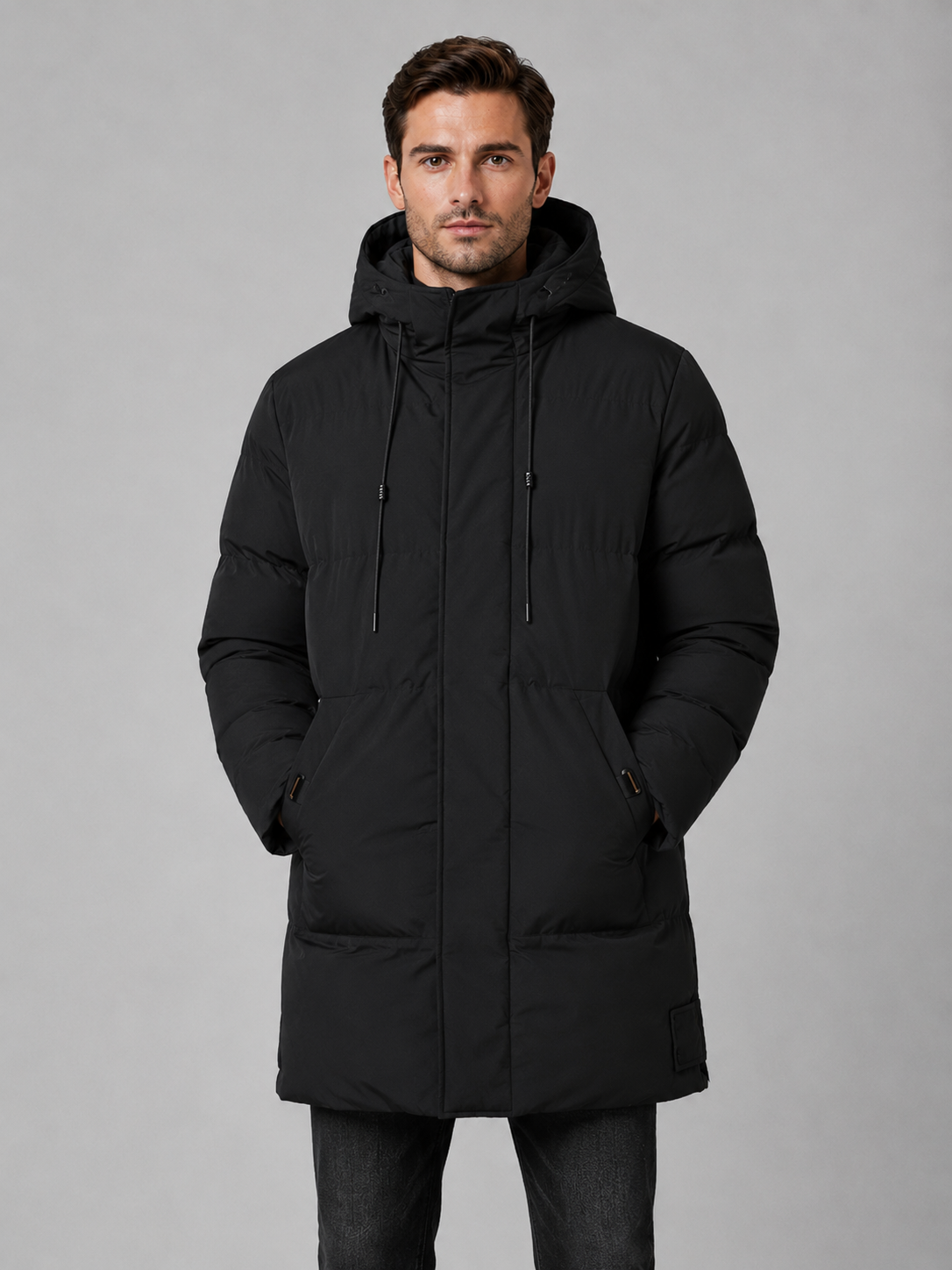 Man wearing black longline hooded padded winter parka jacket with drawstring and hand pockets over dark jeans