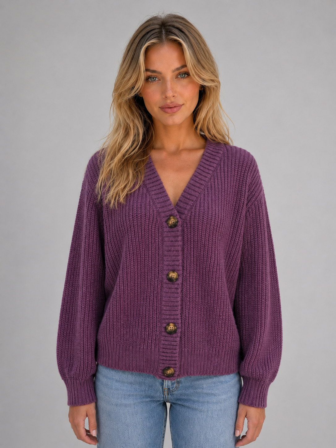 Woman wearing purple ribbed button-front v-neck cardigan with gold buttons and light blue jeans against gray background