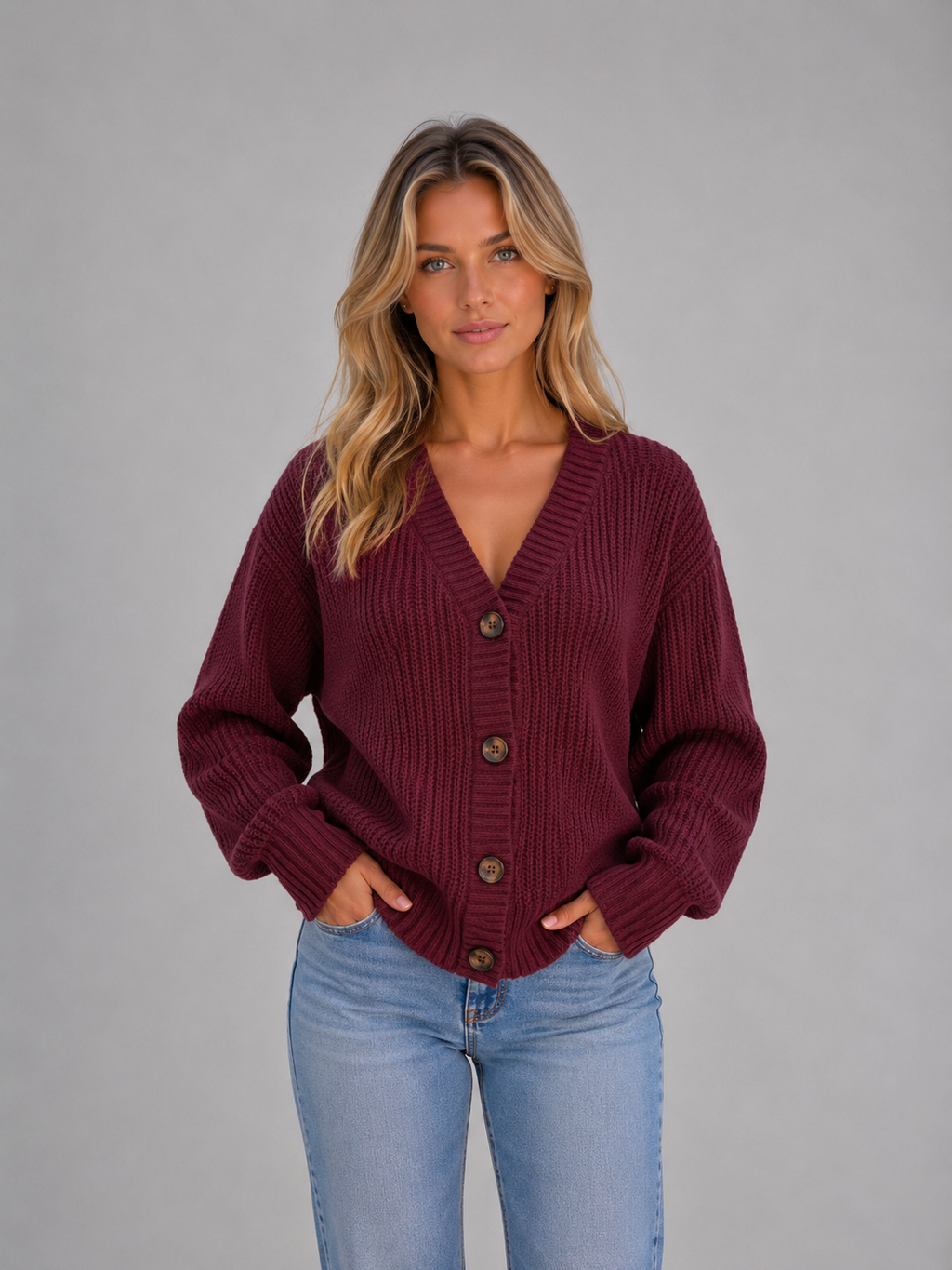 Woman wearing burgundy chunky knit button front V-neck cardigan with light blue jeans against gray background