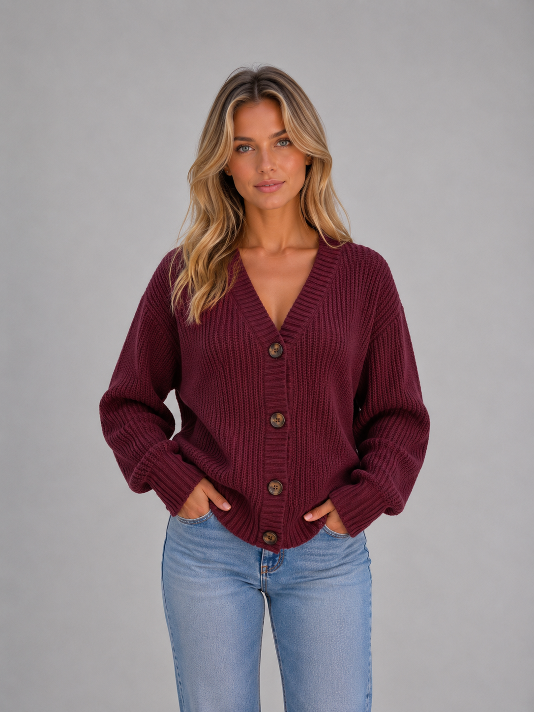 Woman wearing burgundy chunky knit button front V-neck cardigan with light blue jeans against gray background