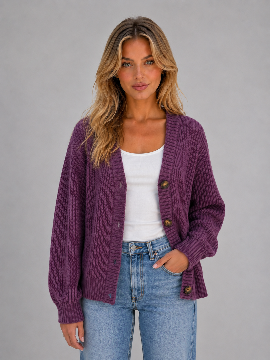 Woman wearing purple chunky knit button front v-neck cardigan over white tank top and blue jeans