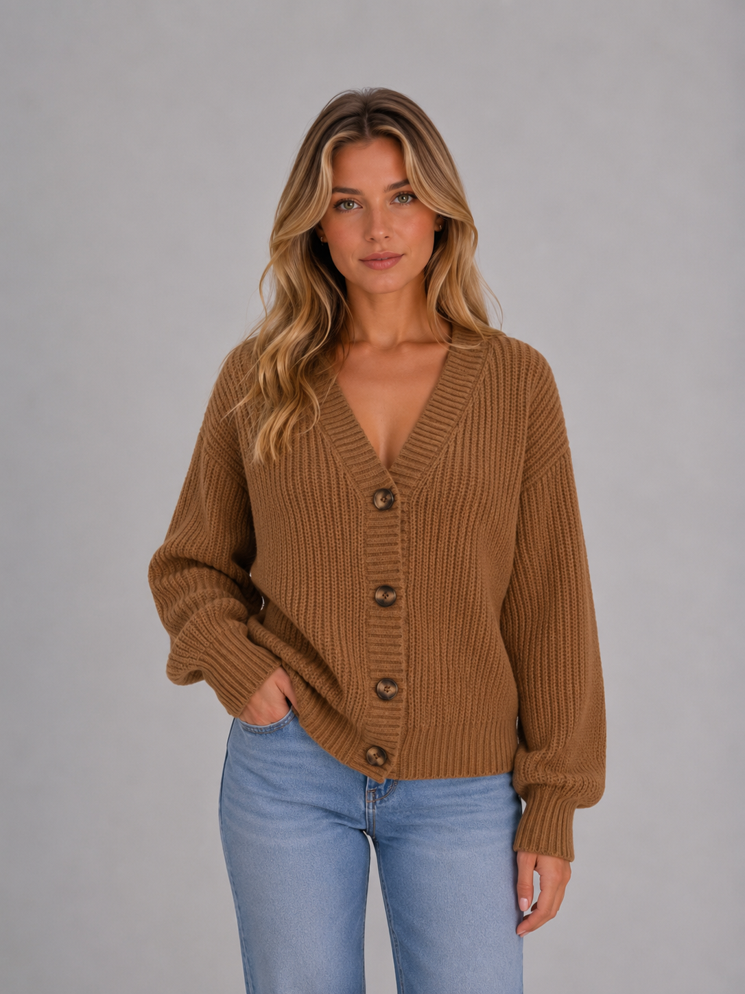 Woman wearing camel chunky knit button front cardigan with ribbed texture and blue jeans against gray background