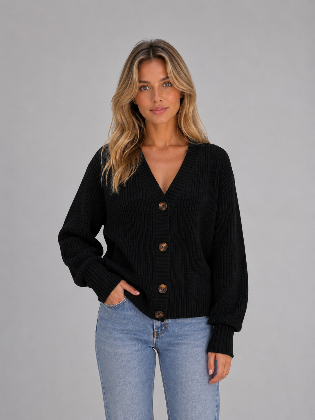 Woman wearing black ribbed cardigan with brown buttons and light blue jeans against gray background