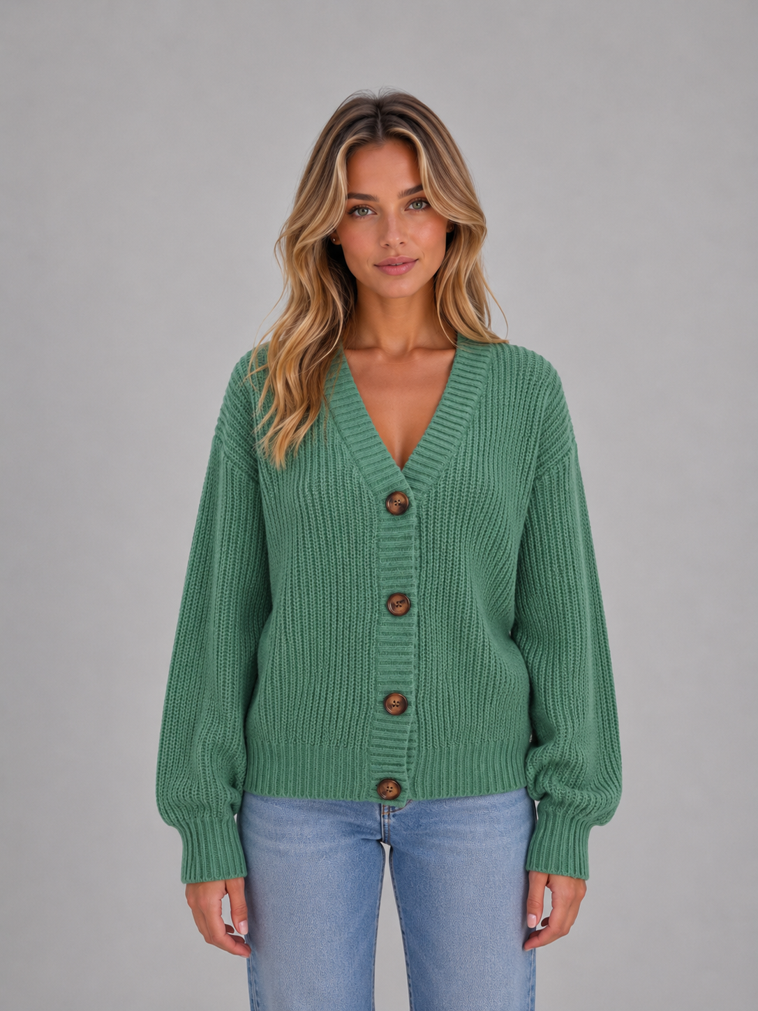Woman wearing green ribbed cardigan with brown buttons and light blue jeans against gray background