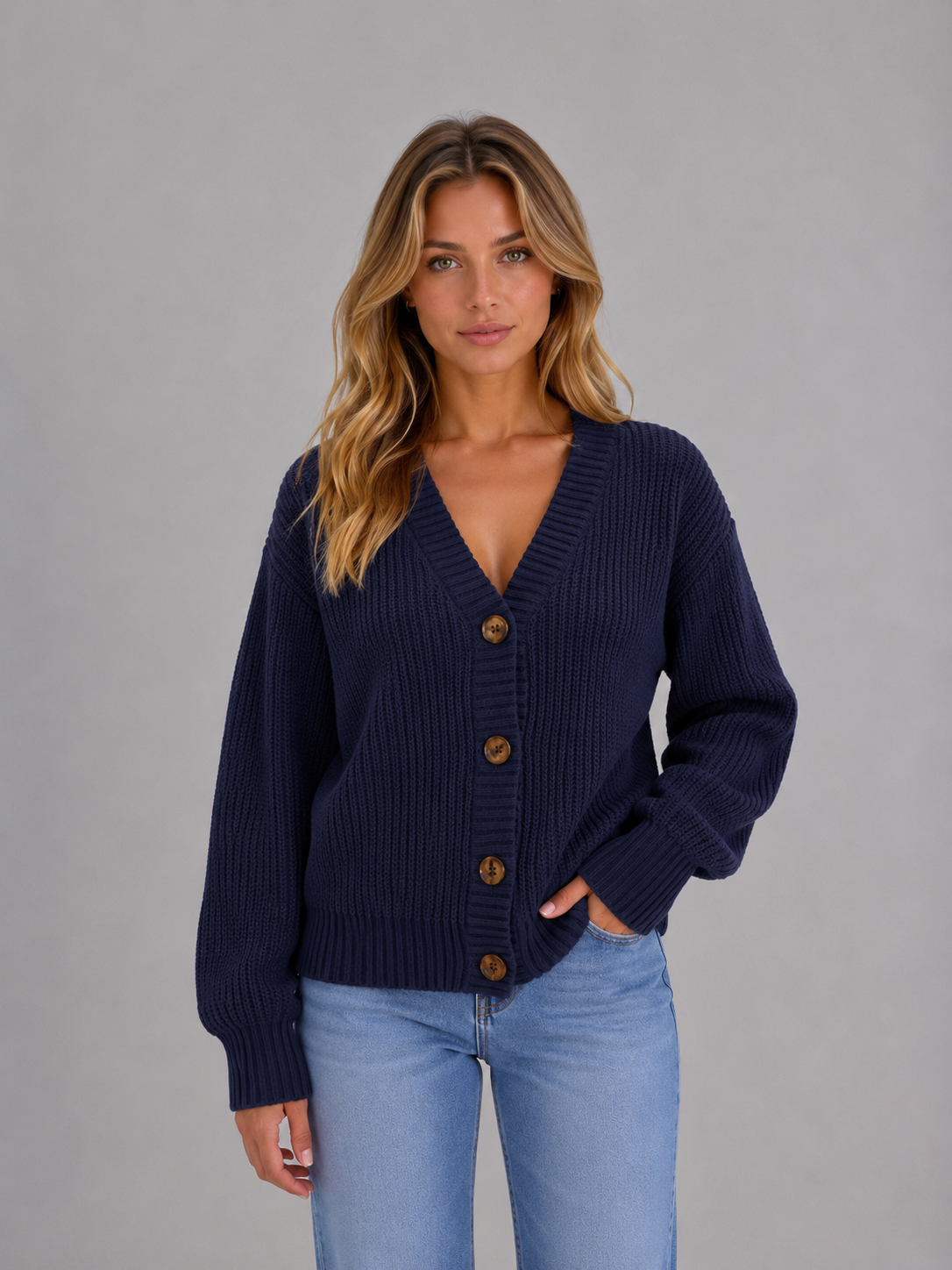 Woman wearing navy blue chunky knit button front v-neck cardigan with brown buttons over light blue jeans