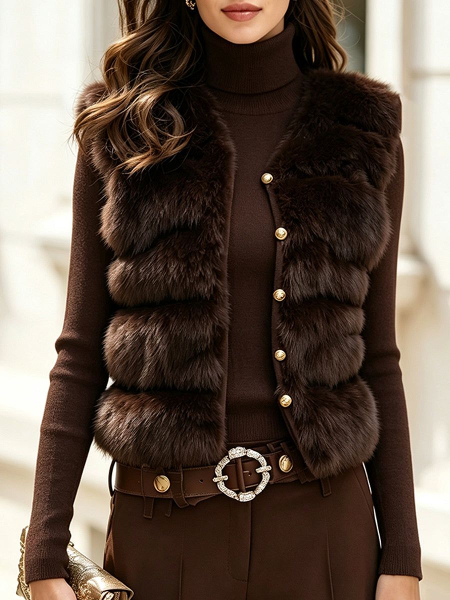 Woman wearing brown faux fur vest with pearl buttons over turtleneck sweater, paired with brown belt and gold clutch