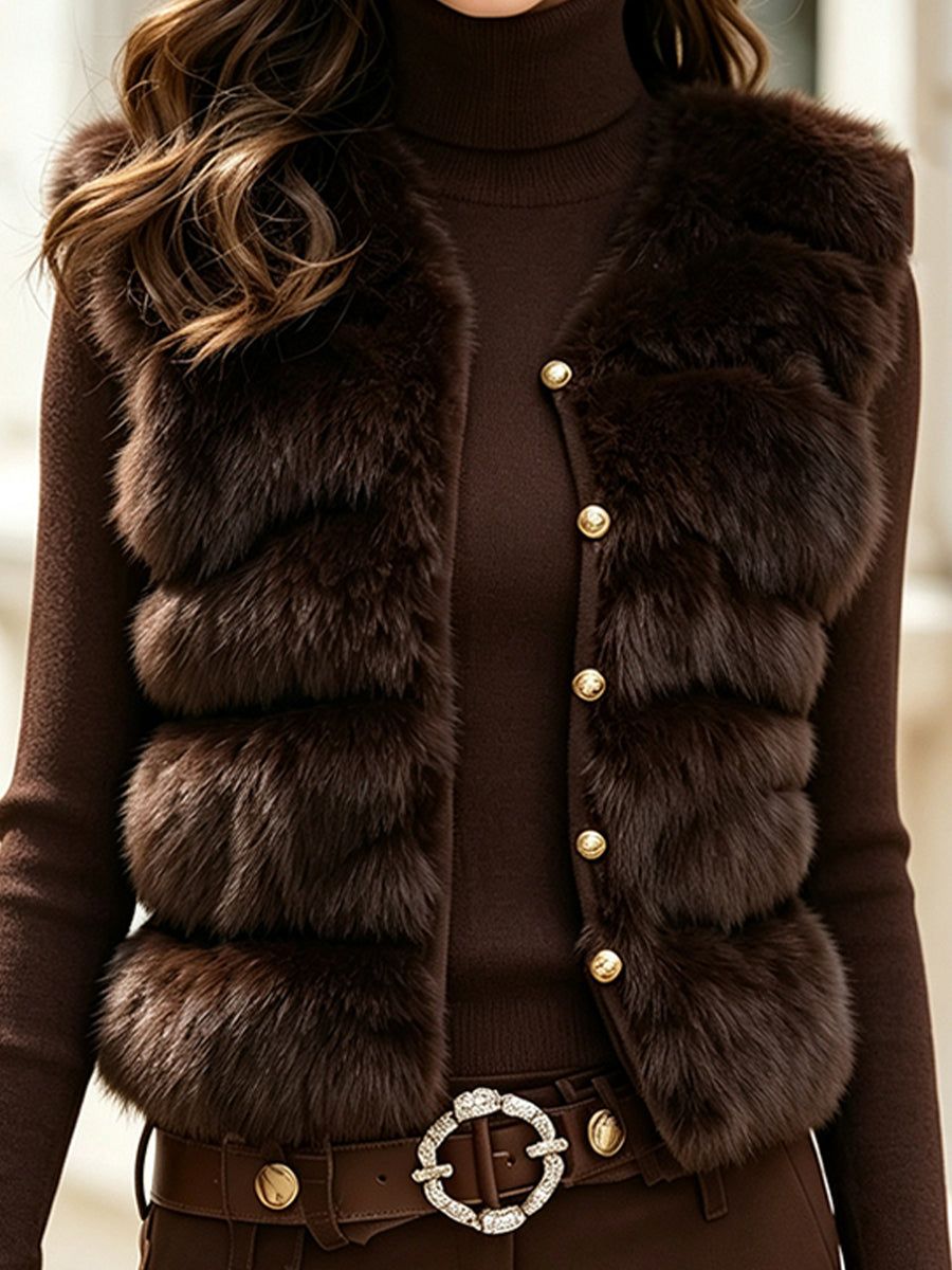 Women's brown faux fur vest with button closure layered over turtleneck sweater, styled with brown leather belt featuring decorative buckle