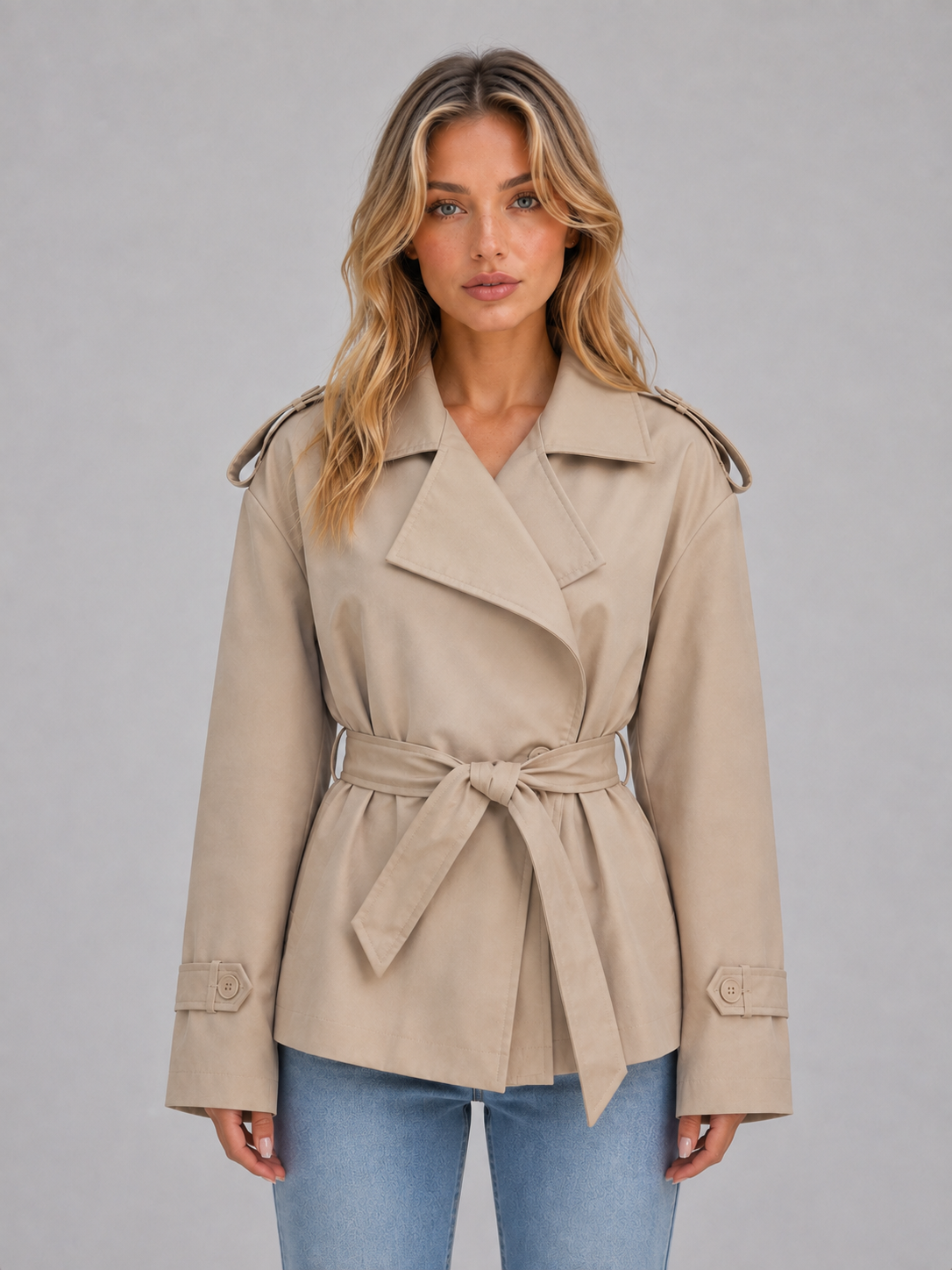 Woman wearing beige belted short trench jacket with double-breasted front over blue jeans against white background