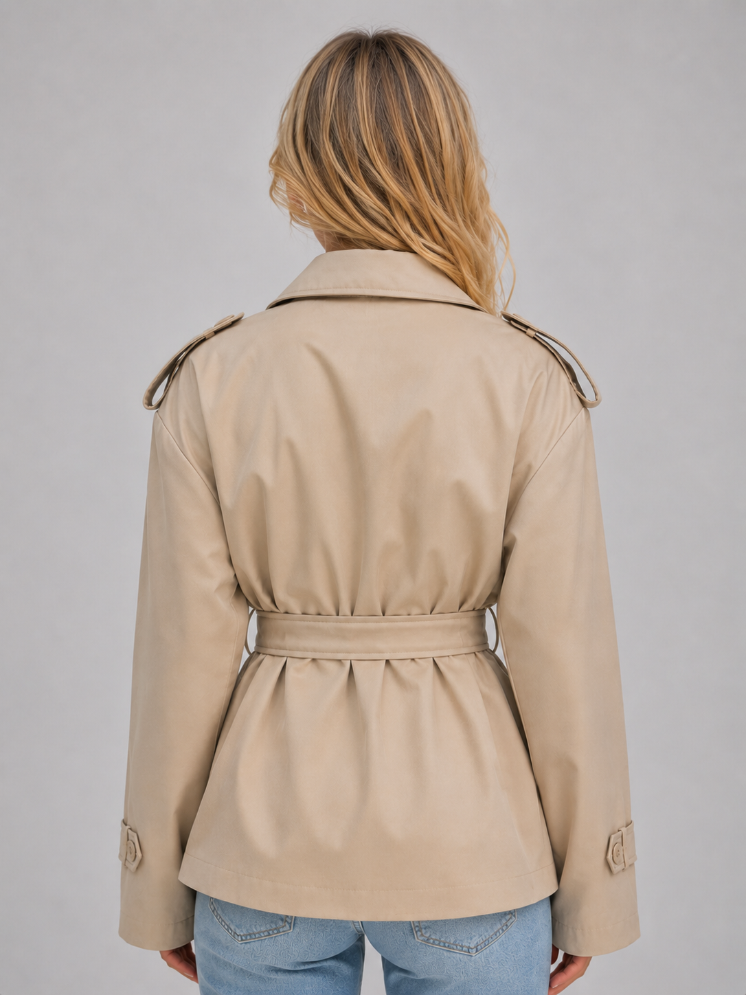 Woman wearing beige belted short trench jacket with double-breasted design and shoulder straps, back view with light blue jeans