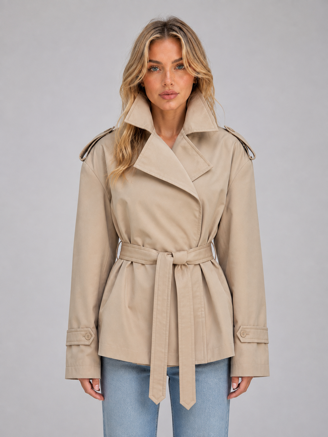 Woman wearing beige belted double breasted short trench jacket with collar, long sleeves and tie waist, styled with light blue jeans