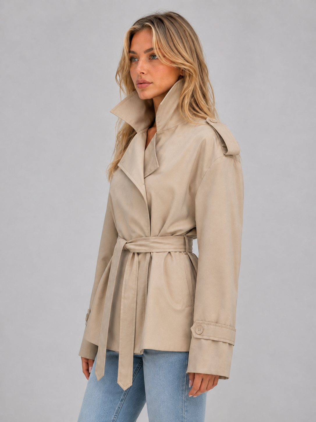 Woman wearing beige belted double breasted short trench jacket with wide collar over light blue jeans, standing against gray background