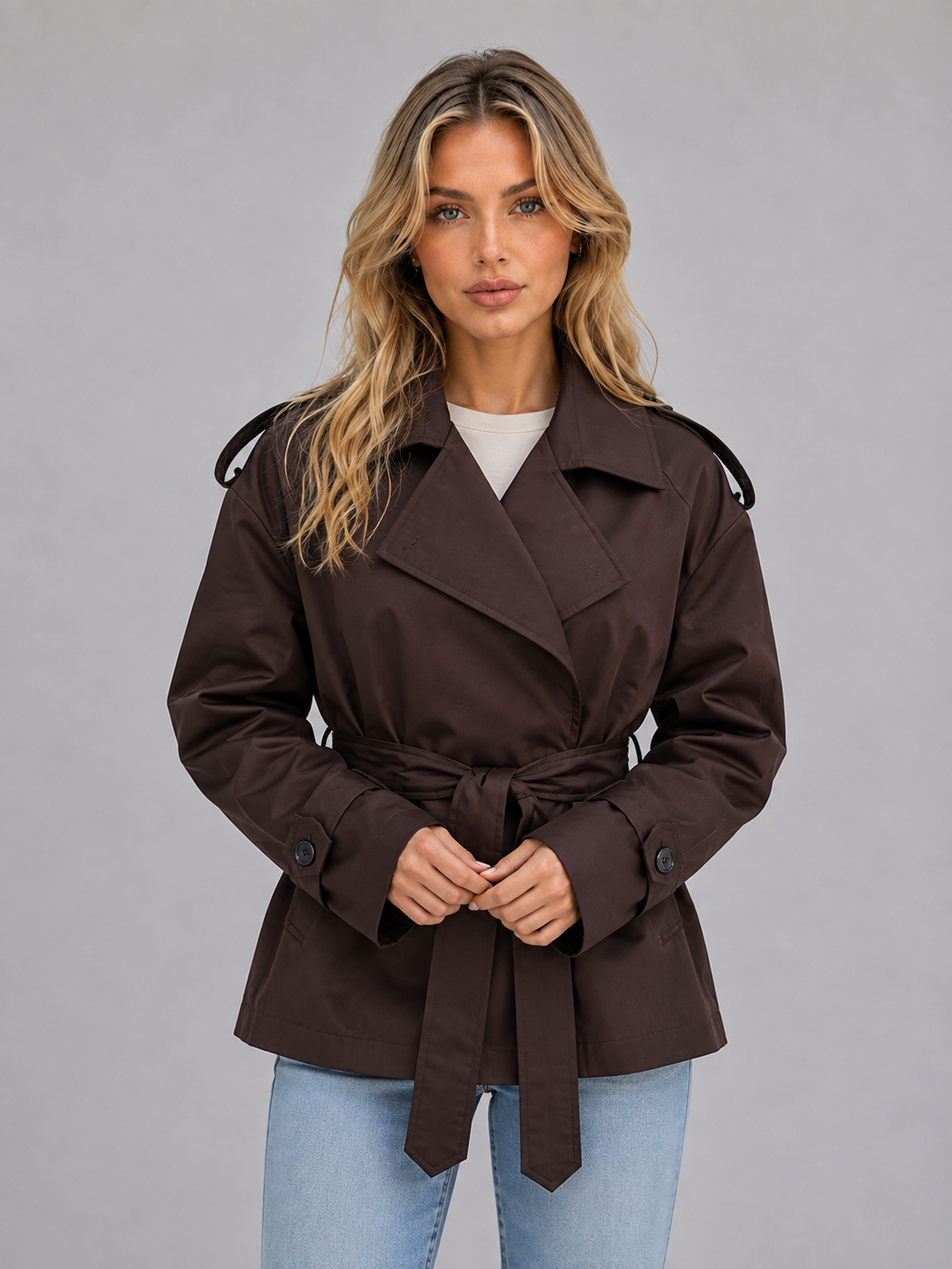 Woman wearing brown belted double breasted short trench jacket with light blue jeans and white top