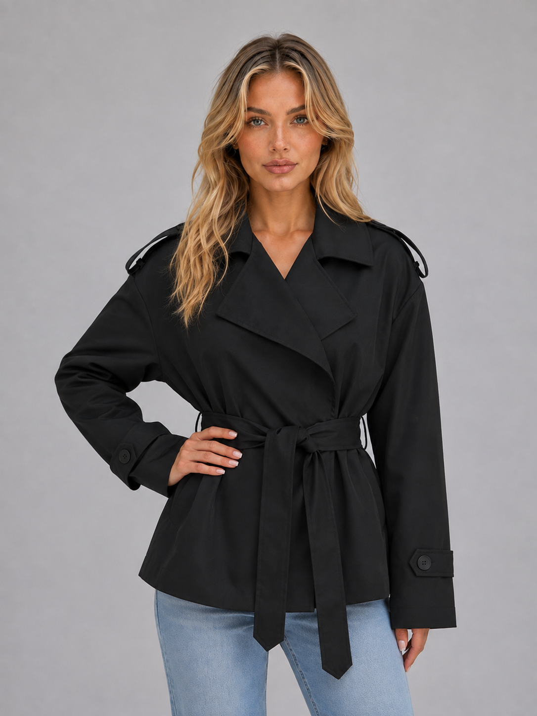 Woman wearing black belted double breasted short trench jacket with light blue jeans against gray background