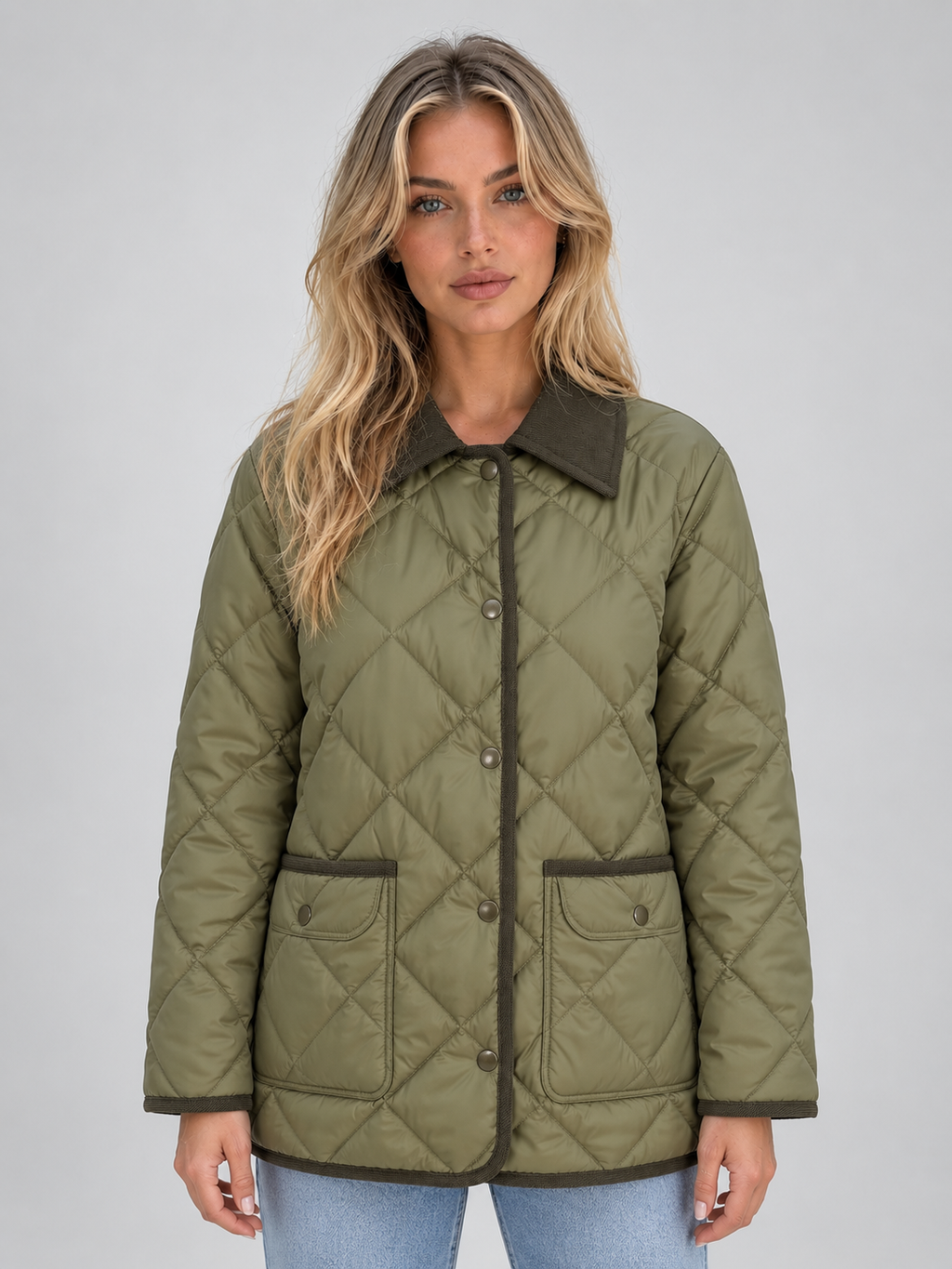 Woman wearing olive green quilted padded coat with corduroy collar, button front, and patch pockets over light blue jeans