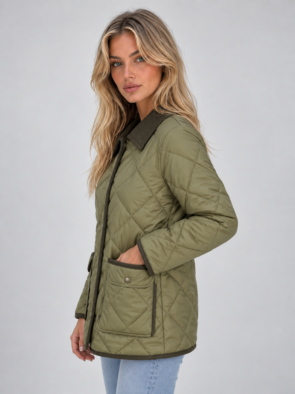 Woman wearing olive green quilted padded coat with corduroy collar and front pockets, paired with light blue jeans