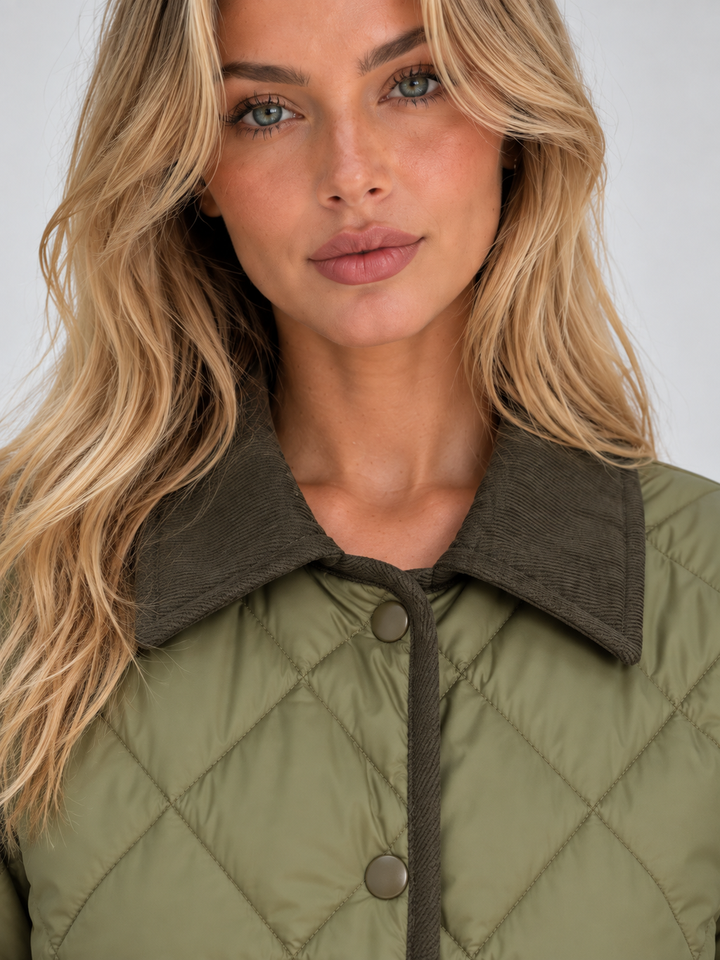 Woman wearing sage green quilted padded coat with corduroy collar and button front closure