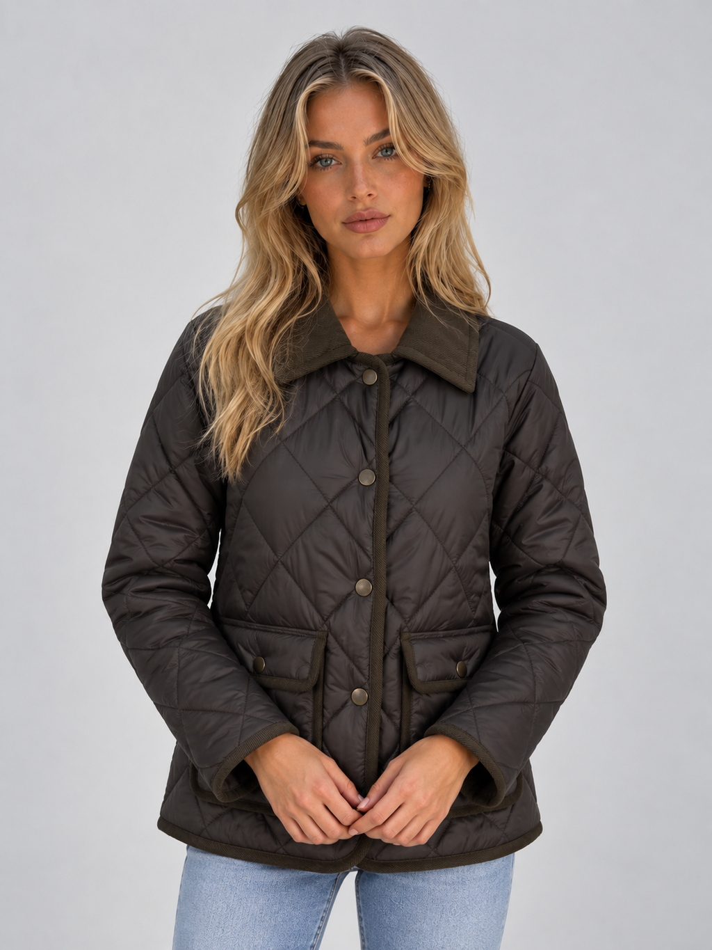 Woman wearing black quilted padded coat with corduroy collar, button front, and patch pockets over light blue jeans
