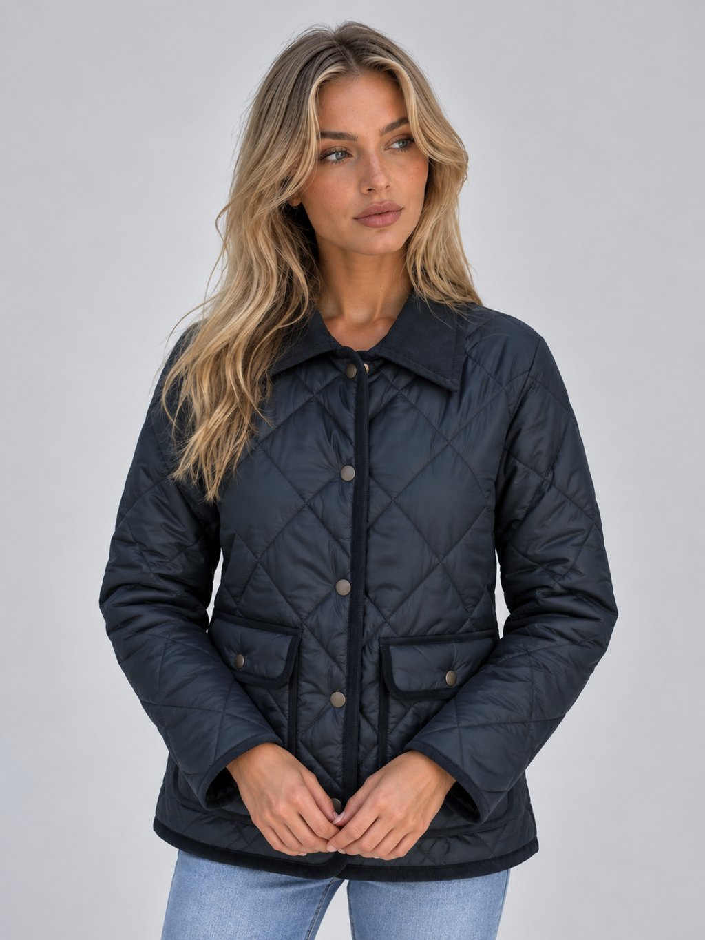 Woman wearing navy quilted padded coat with corduroy collar and button front, paired with light blue jeans