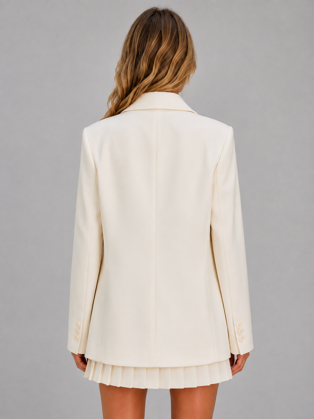 Woman wearing cream oversized double breasted blazer jacket with pleated skirt, back view