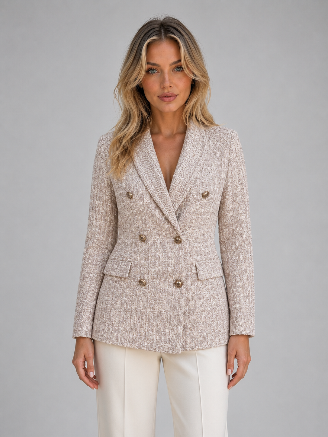 Woman wearing beige tweed double-breasted blazer with gold buttons and white trousers against gray background
