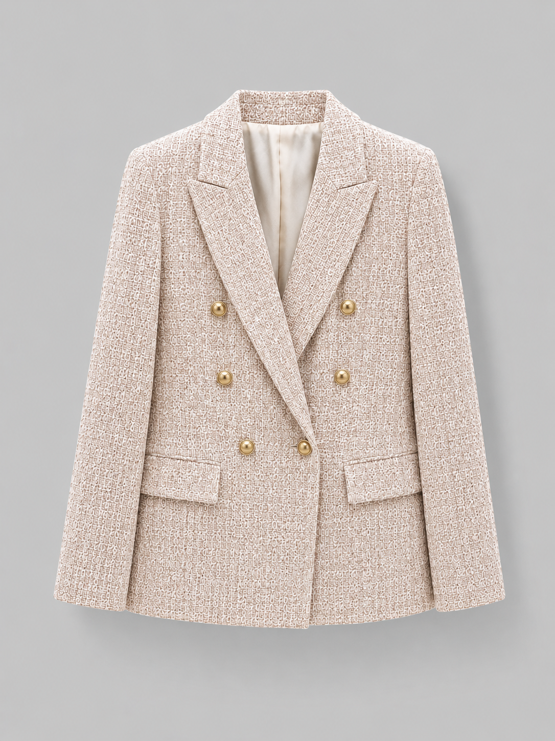 Women's tailored double breasted tweed blazer jacket in beige with gold buttons and notch lapels