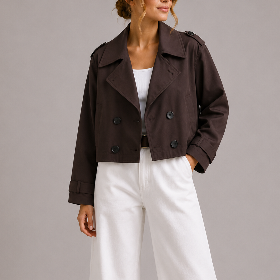 Woman wearing brown cropped double-breasted trench jacket with notched collar over white tank top and white wide-leg pants