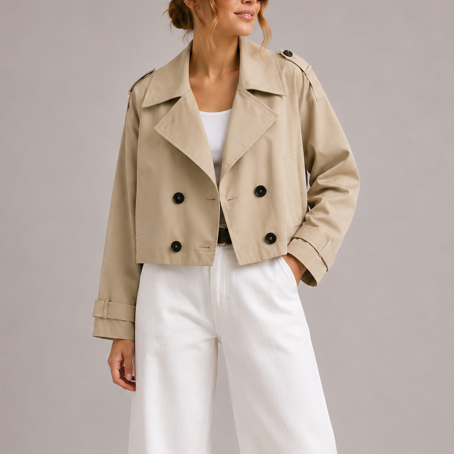 Woman wearing beige cropped double-breasted trench coat with black buttons over white tank top and white wide-leg pants