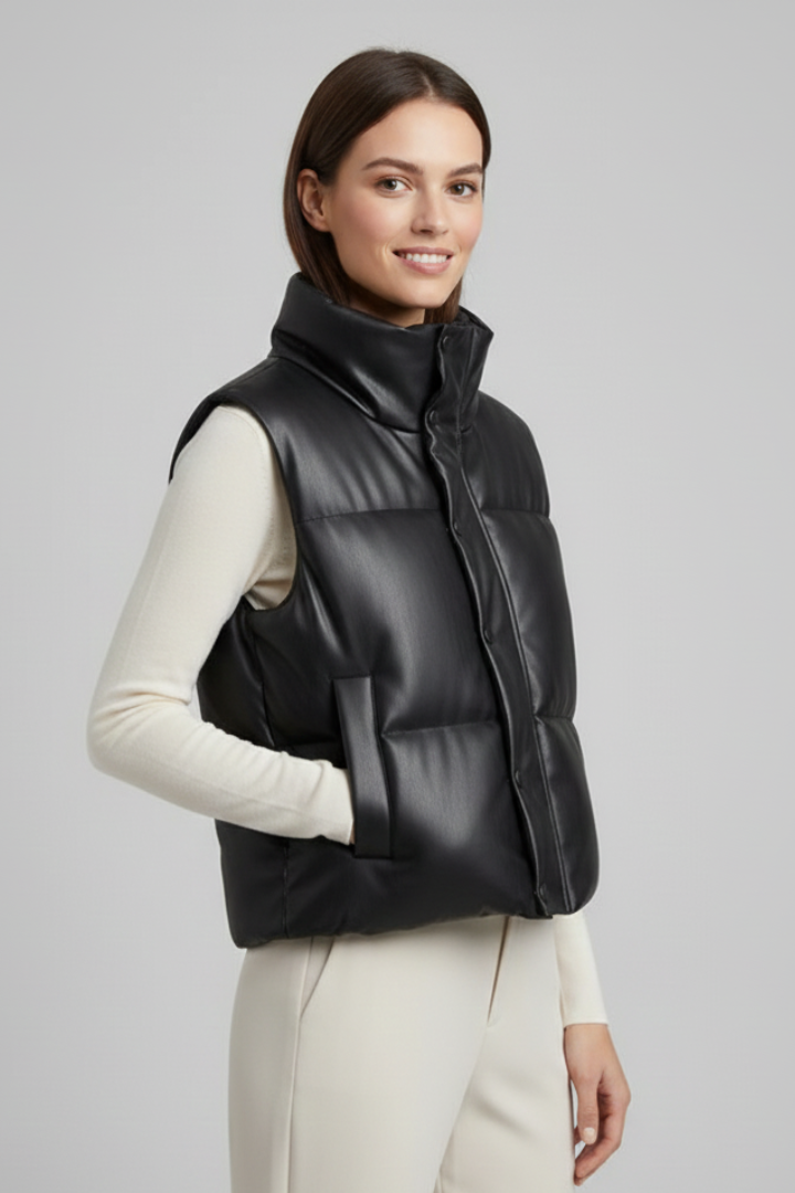 Woman wearing black sleeveless puffer vest with high neck over cream long-sleeve top, shown in three-quarter view against gray background