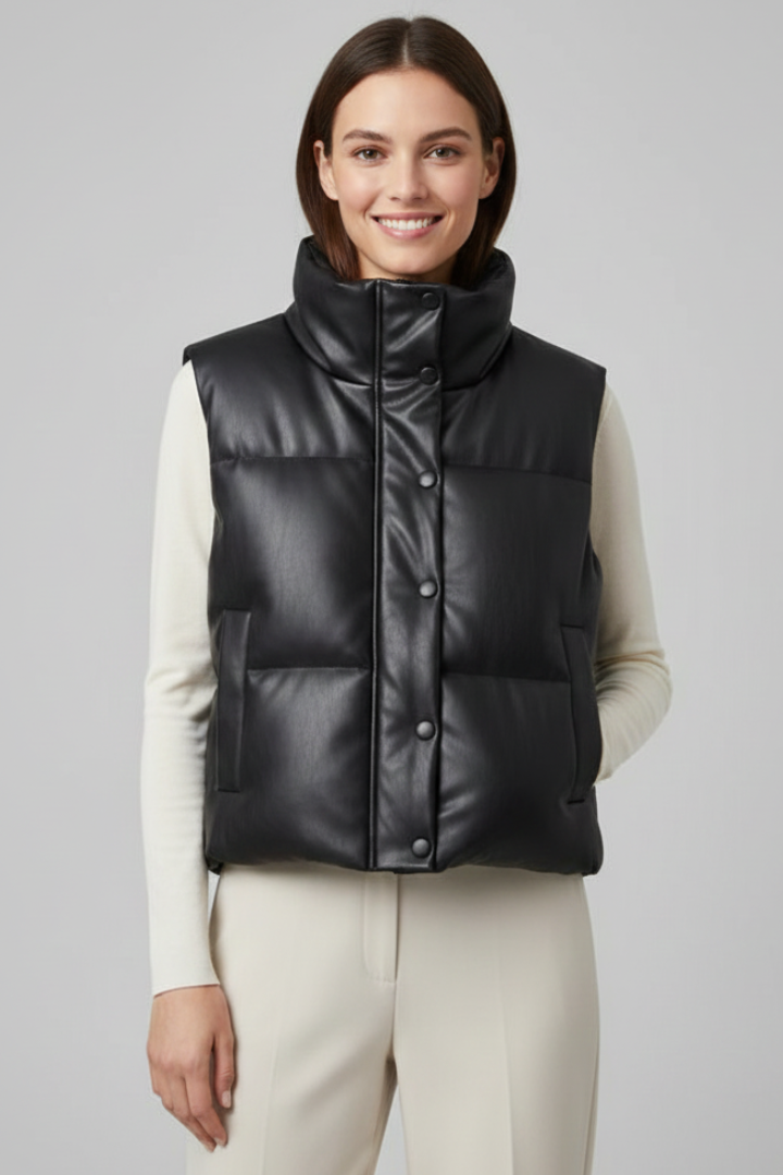 Woman wearing black quilted sleeveless puffer vest with white long-sleeve shirt and cream pants, standing against gray background