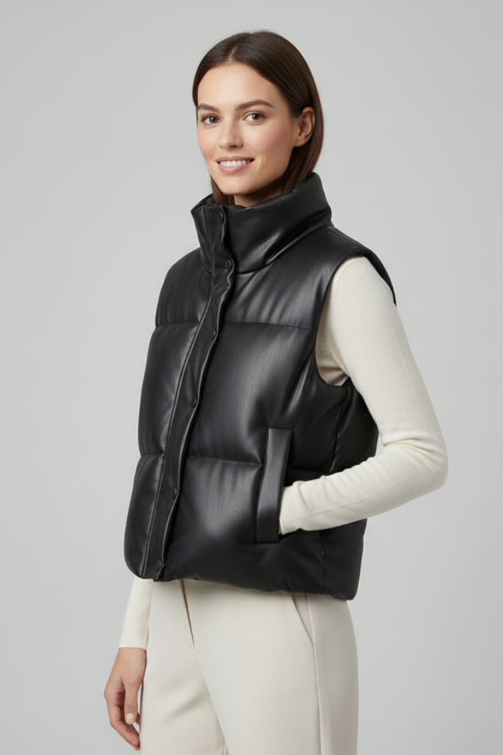 Woman wearing black quilted sleeveless puffer vest with high neck and cream long-sleeve undershirt