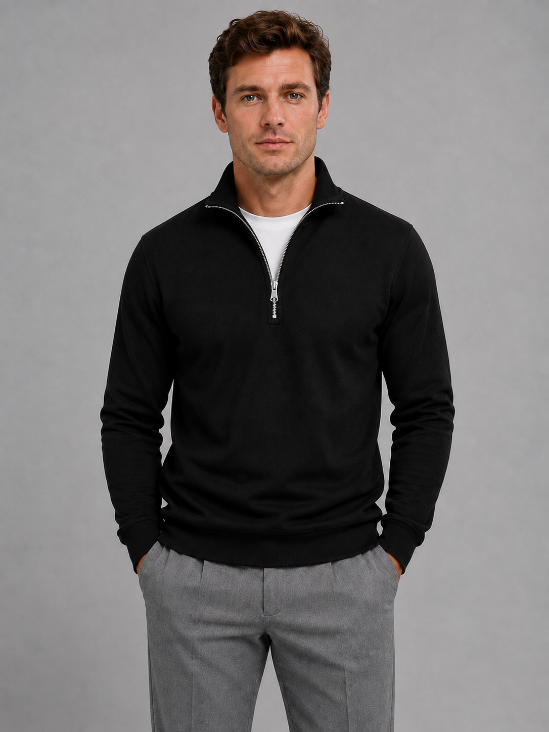 Man wearing black half-zip pullover sweatshirt with white undershirt and gray pants against gray background