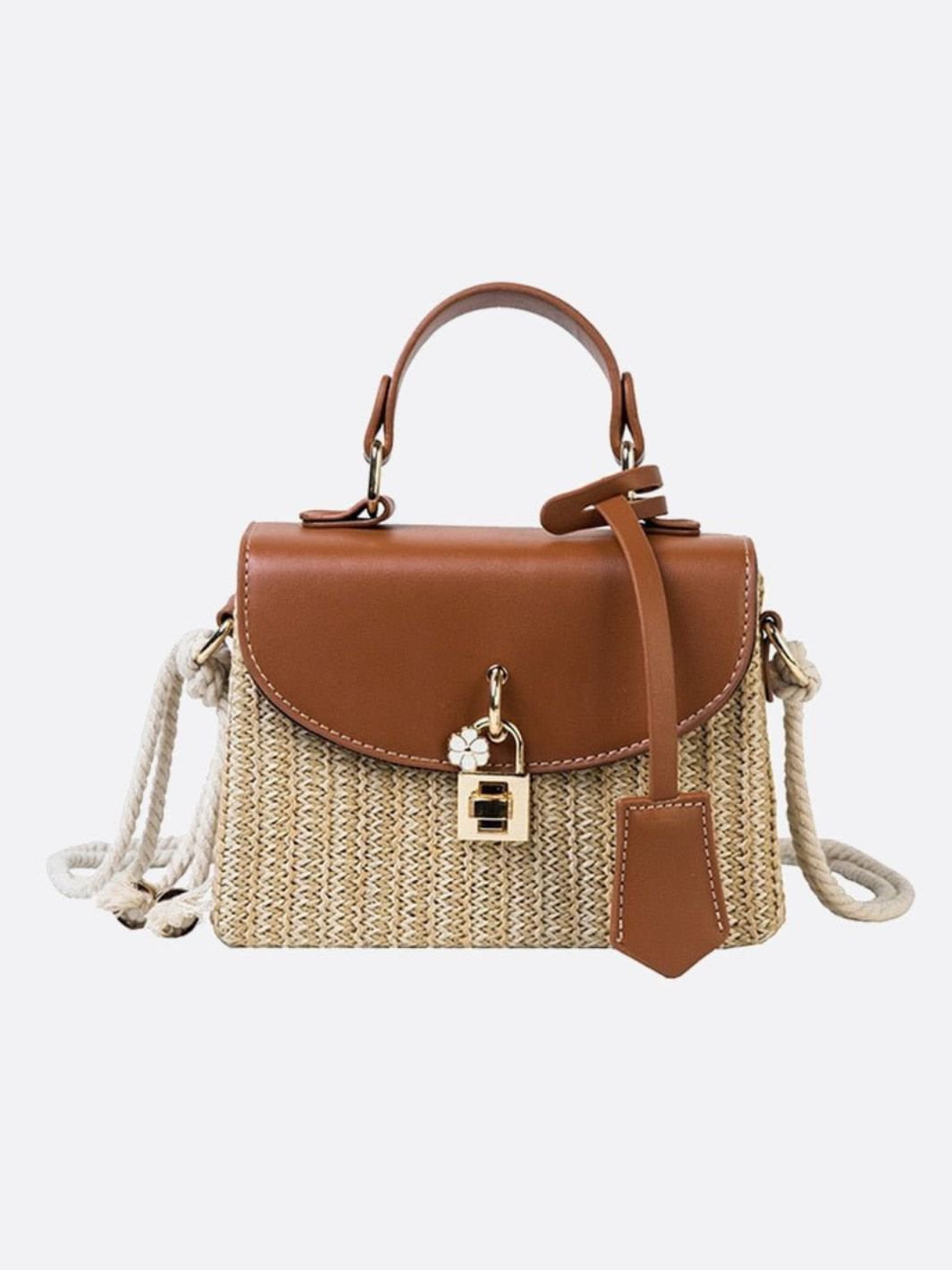 Kaitlyn | Woven Handbag with Faux Leather Flap-Handbag-Urban Devyne-Tan Brown-Urban Devyne