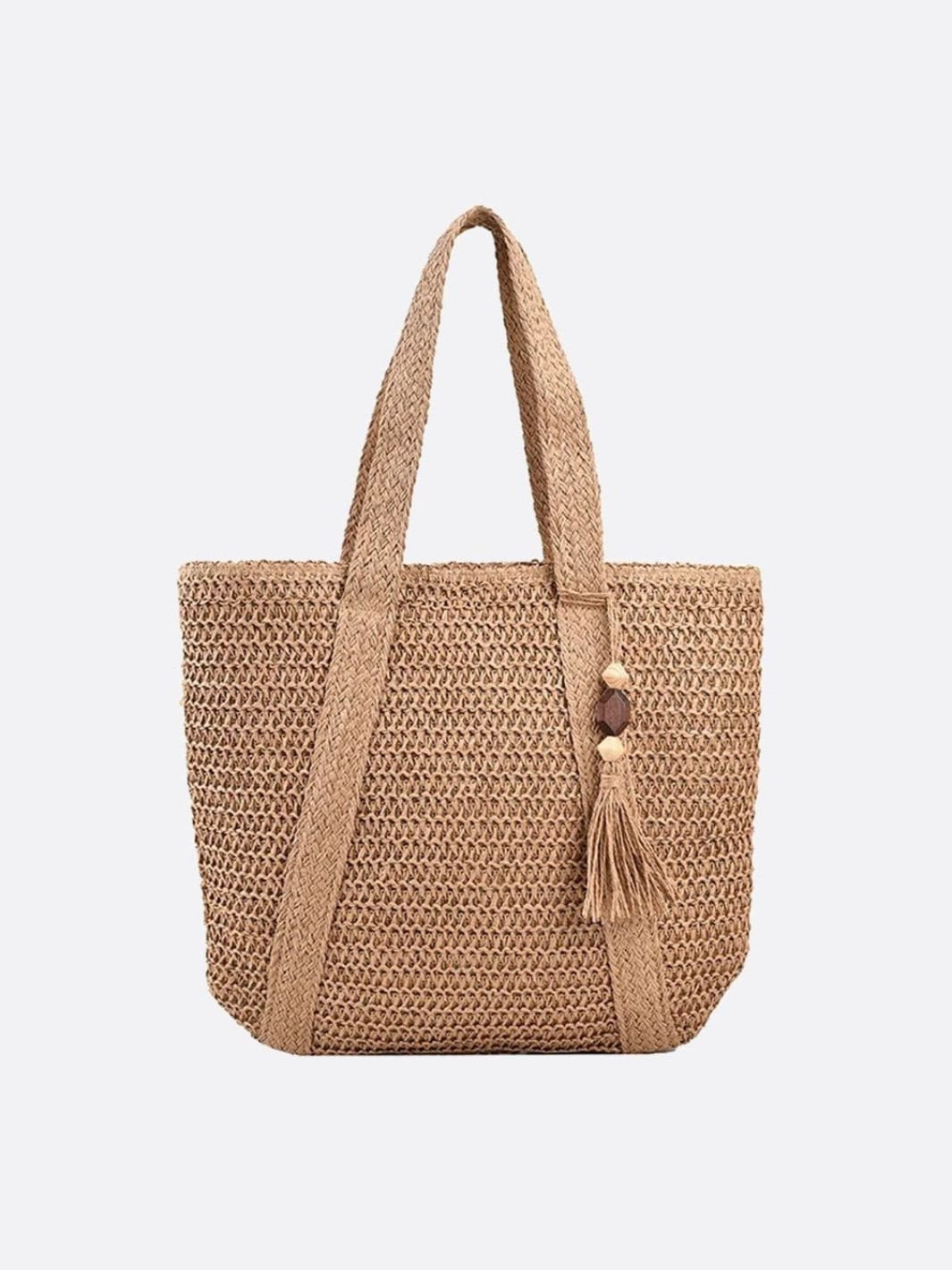 Keira | Woven Tote Bag with Tassel Detail-Shoulder Bags-Urban Devyne-Light Brown-Urban Devyne