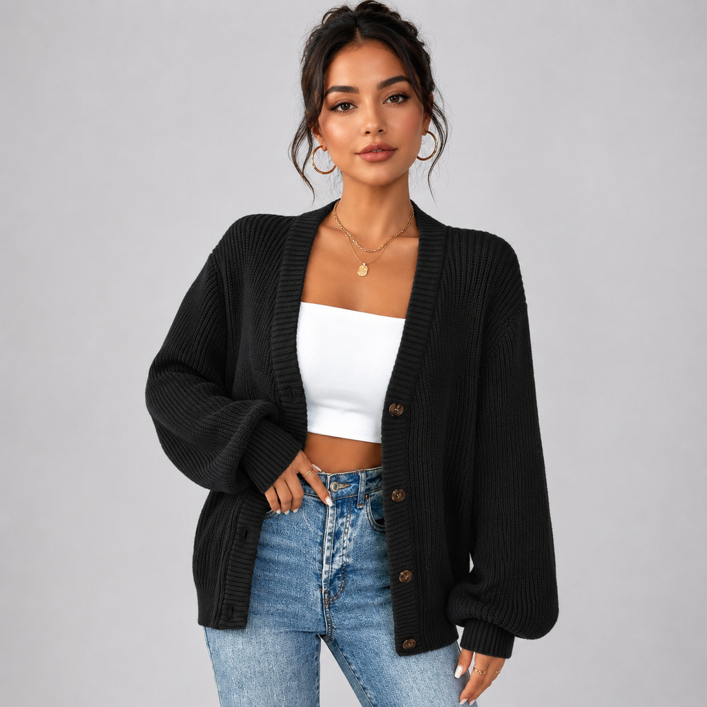 Woman wearing black ribbed v-neck cardigan with brown buttons over white crop top and blue jeans