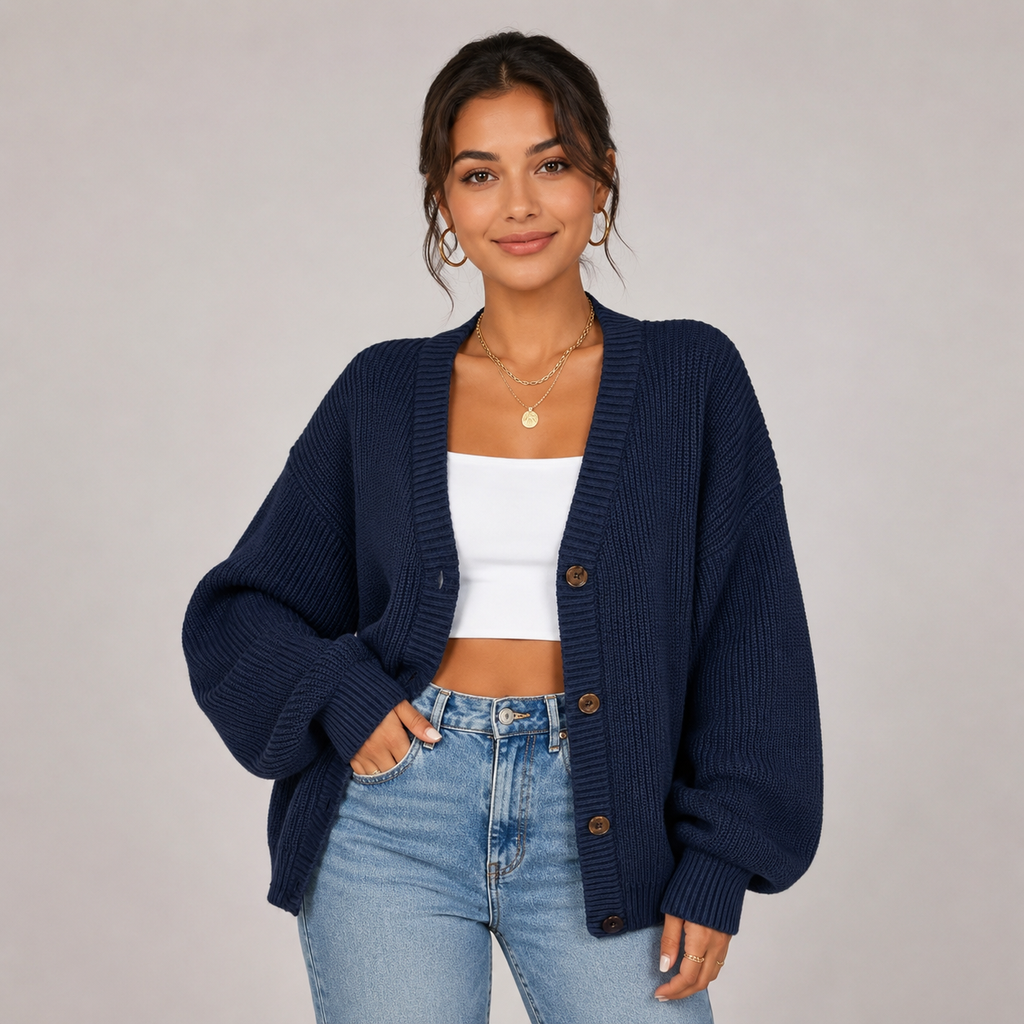 Woman wearing navy ribbed cardigan with brown buttons over white crop top and light blue jeans, styled with gold chain necklace