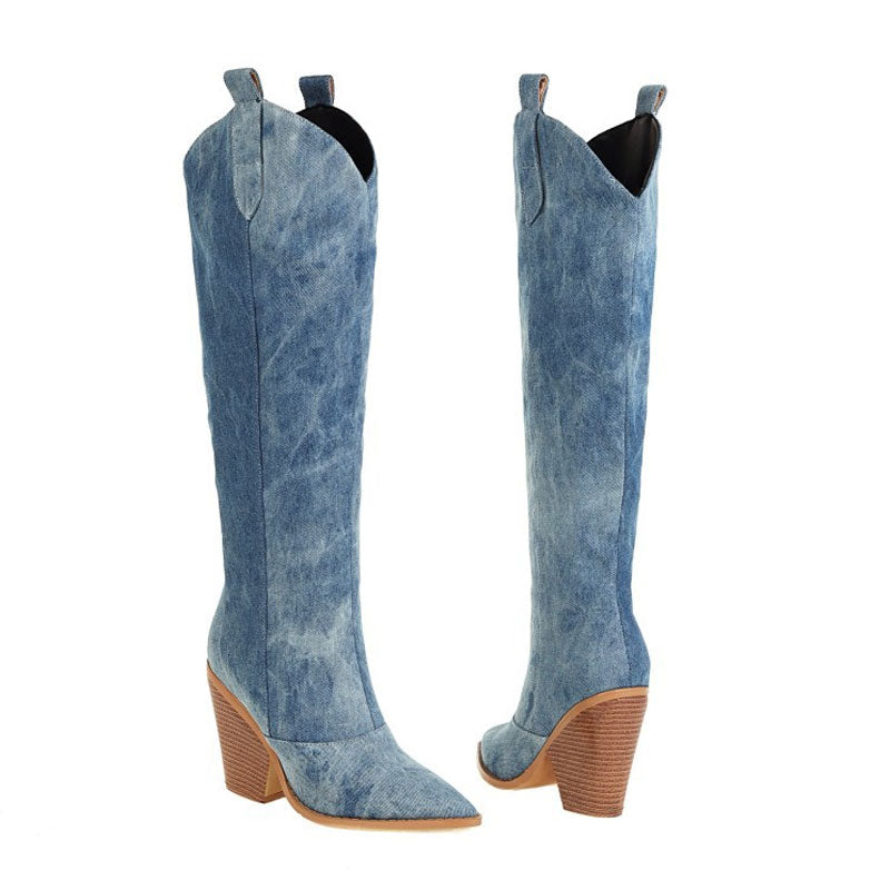 Rae | Pointed Toe Cuban Heel Denim Western Boots