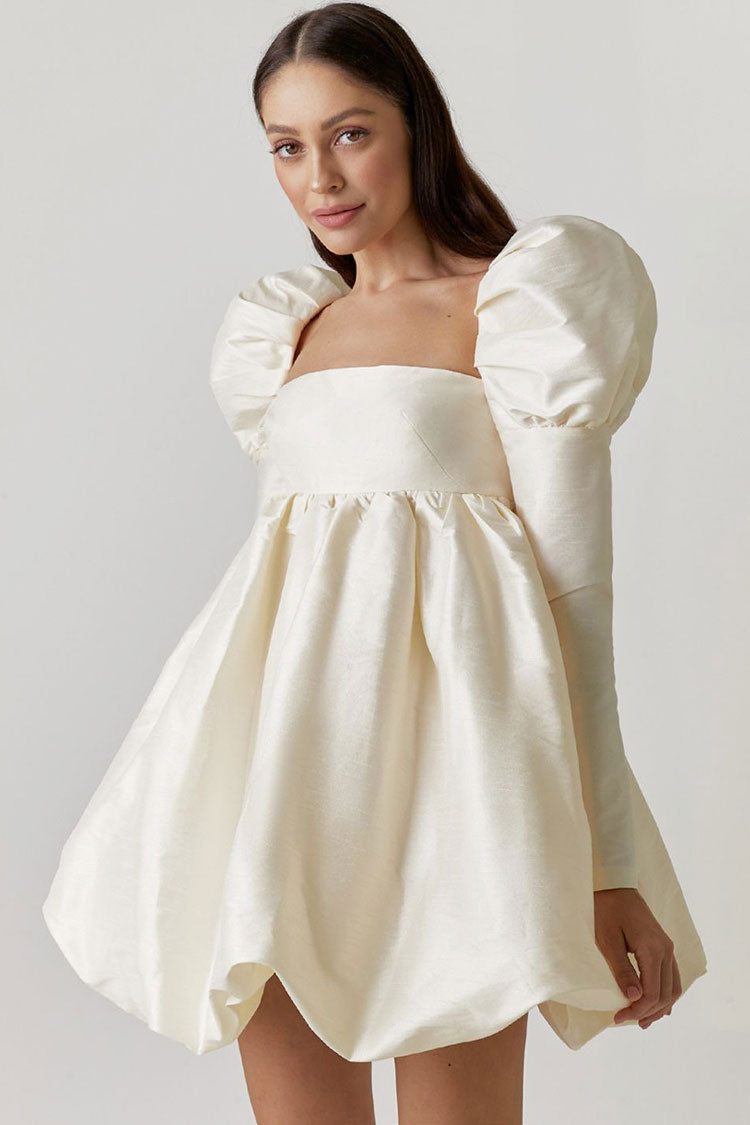 Maribel | Silky Satin Babydoll Mini Dress with Square Neck & Puff Sleeves