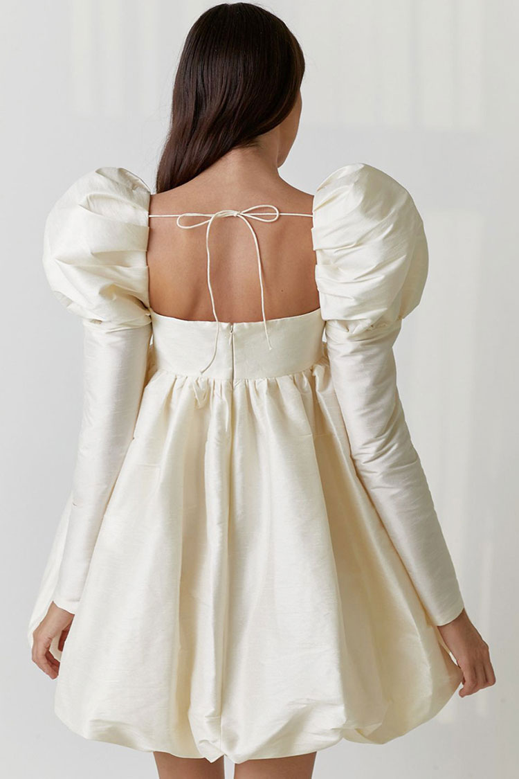 Maribel | Silky Satin Babydoll Mini Dress with Square Neck & Puff Sleeves